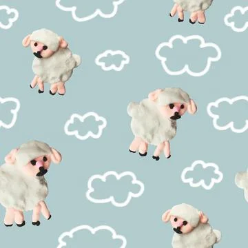Seamless children's pattern plasticine lambs with clouds Stock Illustration