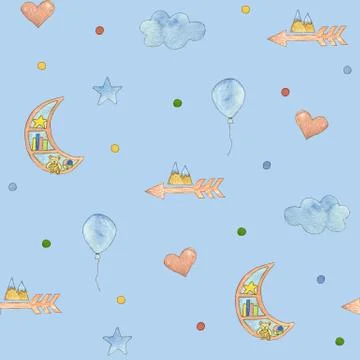 Seamless childrens pattern with star, unicorn. Cute watercolor illustration. Stock Illustration