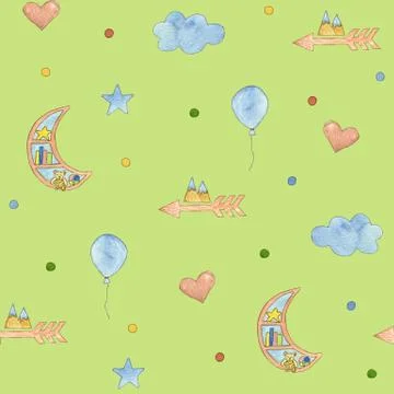 Seamless childrens pattern with star, unicorn. Cute watercolor illustration. Stock Illustration