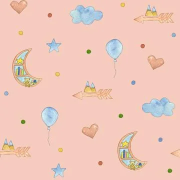 Seamless childrens pattern with star, unicorn. Cute watercolor illustration. Stock Illustration