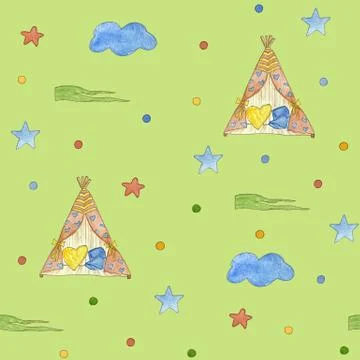 Seamless childrens pattern with star, unicorn. Cute watercolor illustration. Stock Illustration