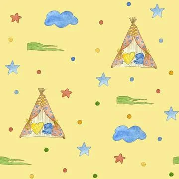 Seamless childrens pattern with star, unicorn. Cute watercolor illustration. Stock Illustration