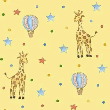 Seamless childrens pattern with star, unicorn. Cute watercolor illustration. Stock Illustration