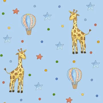 Seamless childrens pattern with star, unicorn. Cute watercolor illustration. Stock Illustration
