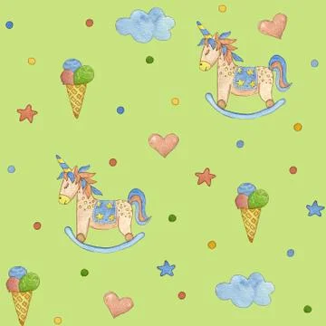 Seamless childrens pattern with star, unicorn. Cute watercolor illustration. Stock Illustration
