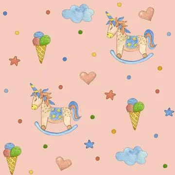 Seamless childrens pattern with star, unicorn. Cute watercolor illustration. Stock Illustration