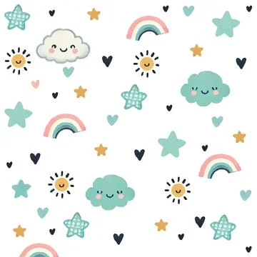 Seamless children's patterns with rainbow,cloud, heart  and star on white b.. Stock Illustration