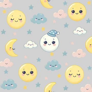Seamless children's patterns with sun, moon and cloud on grey background,  .. Illustrazione stock