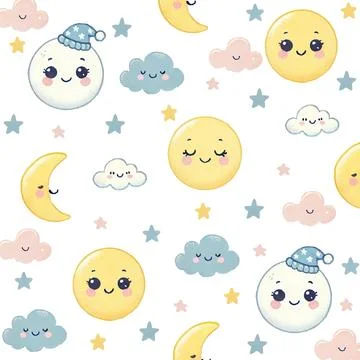 Seamless children's patterns with sun, moon and cloud,  creative Scandinavi.. Stock Illustration