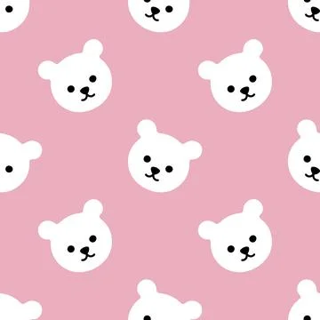Seamless children's pink pattern with white cute polar little bear head toy. Stock Illustration