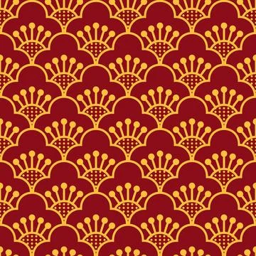 Seamless Chinese flower pattern in deep red and gold Stock Illustration