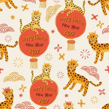 Seamless Chinese new year pattern background with doodle hand draw tiger and  Illustrazione stock