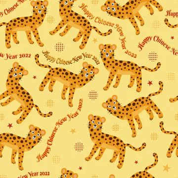 Seamless Chinese new year pattern background with doodle hand draw tiger and  Stock Illustration