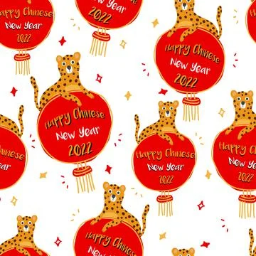 Seamless Chinese new year pattern background with doodle hand draw tiger with Stock Illustration