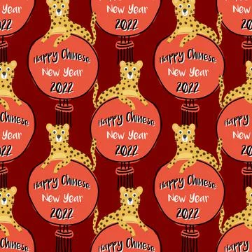 Seamless Chinese new year pattern background with cute hand draw tiger with r Stock Illustration