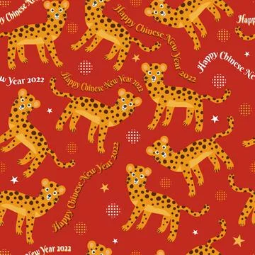 Seamless Chinese new year pattern on red  background with doodle hand draw ti Stock Illustration