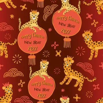 Seamless Chinese new year pattern on red background with cute tiger and lante Illustrazione stock