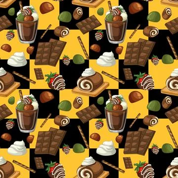 Seamless Chocolate Dessert Pattern on Yellow and Black Checkerboard Backgroun 스톡 일러스트