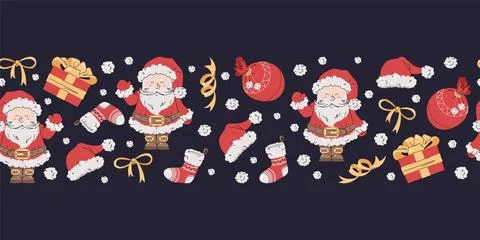 Seamless Christmas border with festive elements. Pattern with Santa Claus a.. Stock Illustration