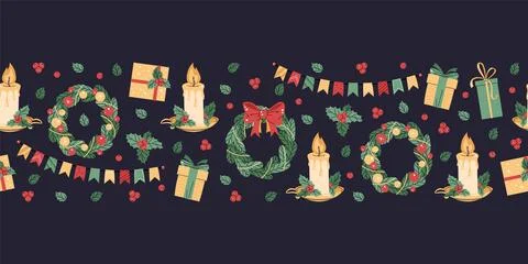 Seamless Christmas border with festive elements. Pattern with candle with hol Stockillustratie