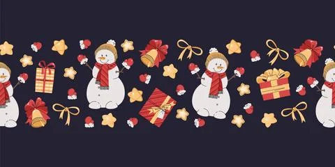 Seamless Christmas border with festive elements. Pattern with snowman, star.. Stock Illustration