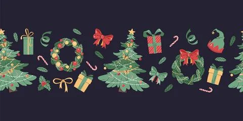 Seamless Christmas border with festive elements. Pattern with Christmas tre.. Stockillustratie