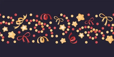 Seamless Christmas border with festive elements. Pattern with garland, bows.. Illustrazione stock