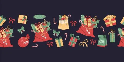 Seamless Christmas border with festive elements. Pattern with Santa Claus b.. Stock Illustration