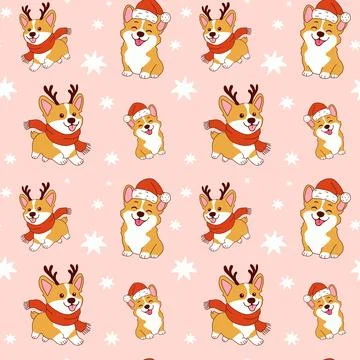 Seamless Christmas Corgi Pattern with Santa Hats and Antlers Stock Illustration