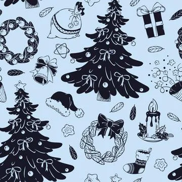 Seamless Christmas Doodle Pattern with Decorated Pine Tree, Wreath and Stocking Stockillustratie