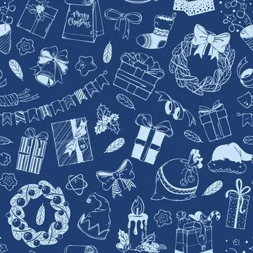Seamless Christmas Doodle Pattern with Gift Box, Wreath and Santa Hat. Holiday Stock Illustration