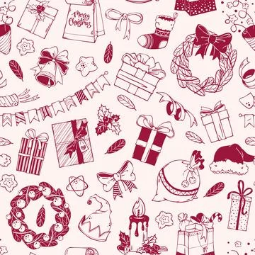 Seamless Christmas Doodle Pattern with Gift Box, Wreath and Santa Hat. Holiday Stockillustratie