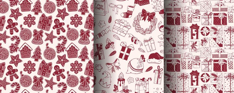 Seamless Christmas Doodle Pattern Set with Gingerbread, Holiday Attributes and Stock Illustration