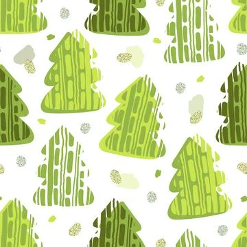 Seamless christmas event pattern background with hand draw green pine tree an Stock Illustration