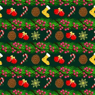 Seamless Christmas Evergreen Pattern with Holly and Pine Cones Stock Illustration