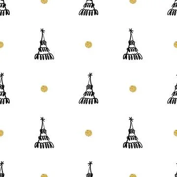 Seamless  christmas festive pattern background with line art pine tree and go Stock Illustration