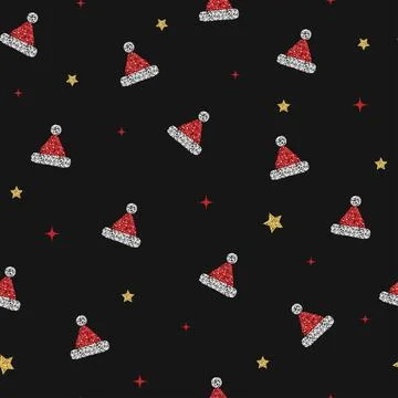 Seamless  christmas festive pattern background with red glitter cute santa ha Stock Illustration