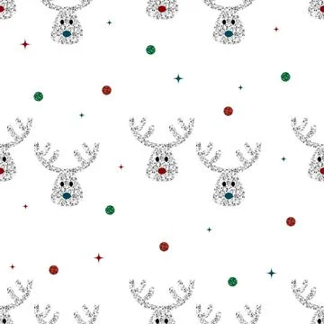 Seamless  christmas festive pattern background with silver glitter cute reind Stock Illustration