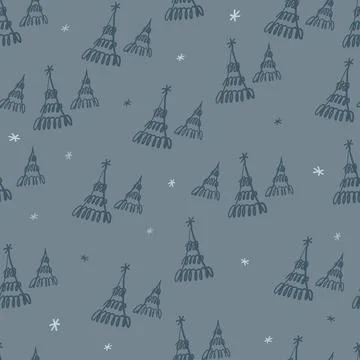 Seamless  christmas festive pattern on blue background with hand draw pine tr Stock Illustration
