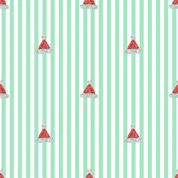 Seamless  christmas festive pattern on green stipe background with red glitte Stock Illustration