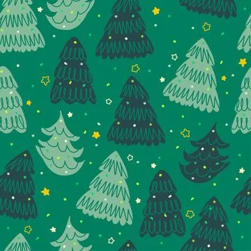 Seamless christmas festive pattern on green background cute hand draw layers  Stock Illustration