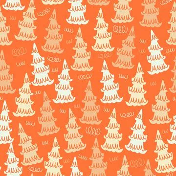 Seamless christmas festive pattern on orange background cute layers pine tree Stock Illustration