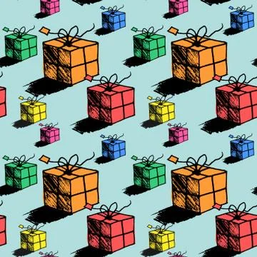 Seamless christmas gift box pattern, doodle style vector Stock Illustration