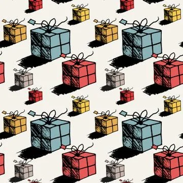 Seamless christmas gift box pattern, doodle style vector Stock Illustration