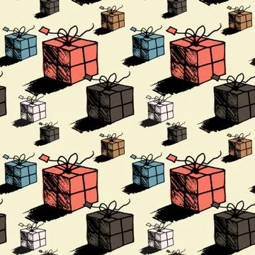 Seamless christmas gift box pattern, doodle style vector Stock Illustration