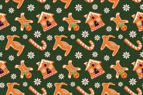 Seamless Christmas gingerbread cookie pattern with man, candy cane, reindeer Stock Illustration