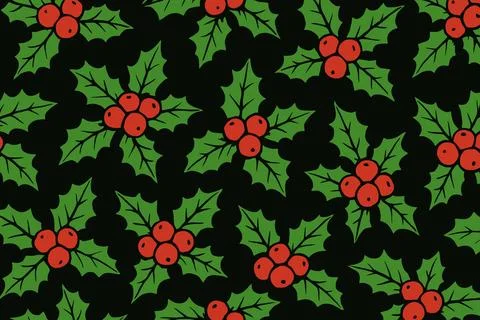 Seamless Christmas Holly Berry Pattern Green Leaves Black Background イラスト素材