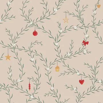 Seamless Christmas, New Year pattern with mistletoe branches, berries and toys Stock Illustration