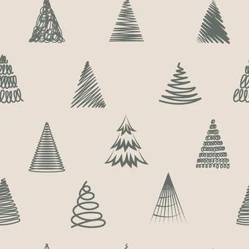 Seamless Christmas Pattern with Abstract Trees and Sketch Doodle Style on B.. Stock Illustration
