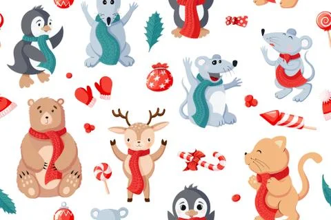 Seamless Christmas pattern background with animals and holiday attributes Stock Illustration